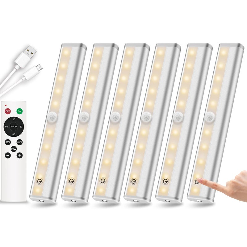 Diomart Remote Control Under Cabinet Lighting Wireless 6 Pack, 20-LED Dimmable Closet Lights Rechargeable Under Counter Light, Stick on Touch Night Light Strip Bar for Kitchen Stairway Bedroom, 3 Colors - Image 1
